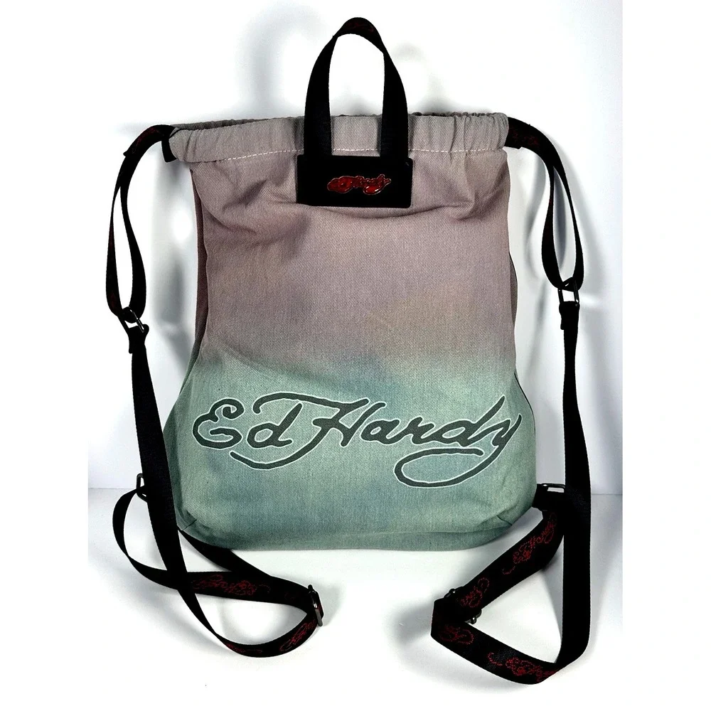 Ed Hardy Canvas Backpack with Skull & Hearts NWT Tattoo Y2K Rhinestones